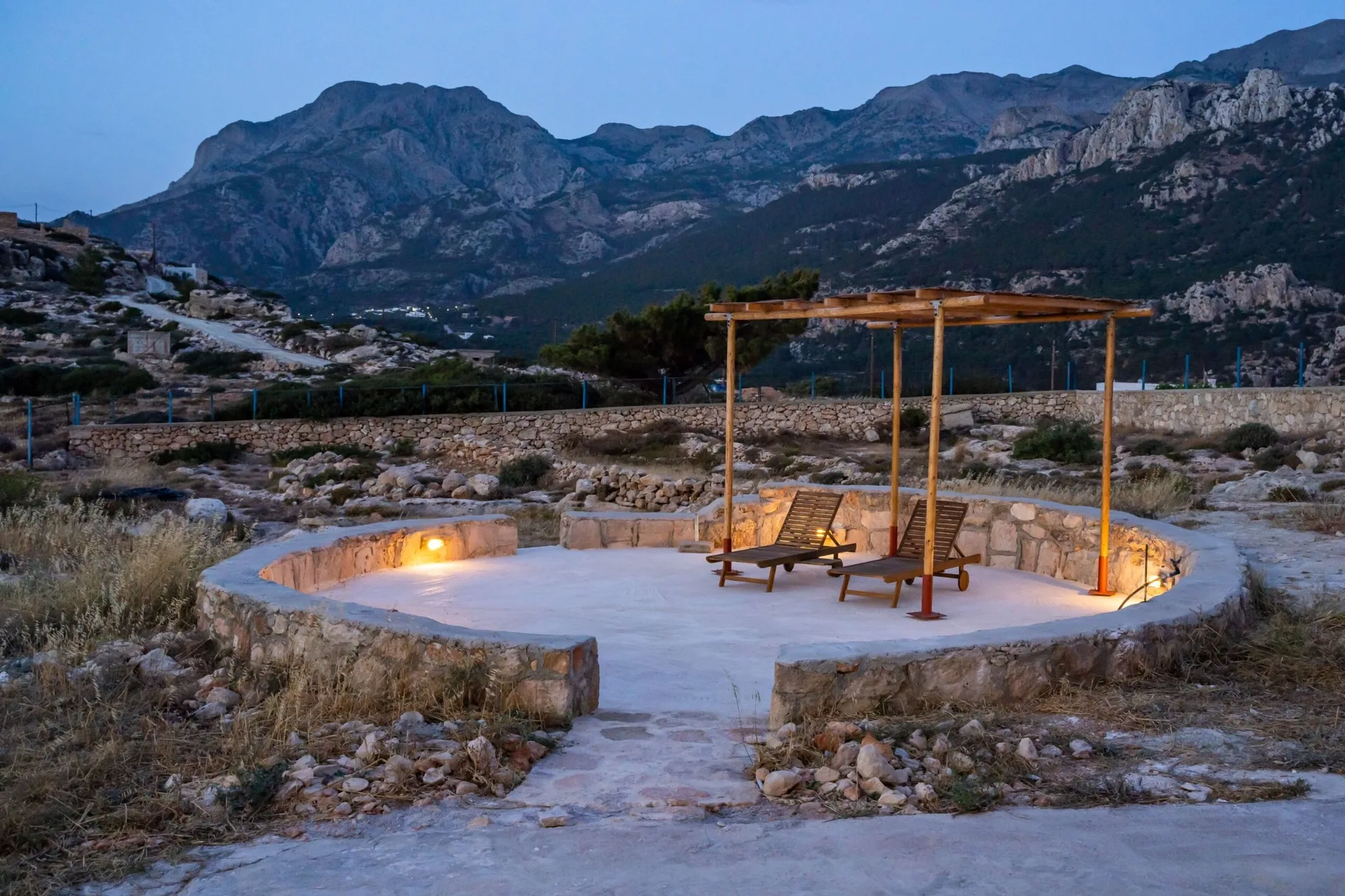 Traditional alona patio at Sea La Vue accommodation with mountain views in Lefkos Karpathos