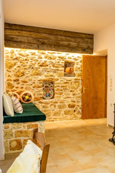 Traditional stone living space inside Sea La Vue in Lefkos Karpathos