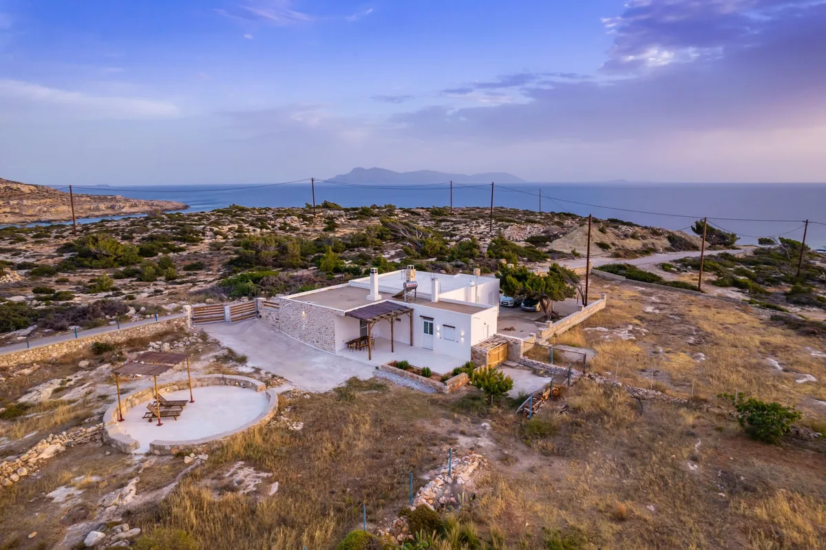 Aerial view of Sea La Vue accommodation in Lefkos, Karpathos