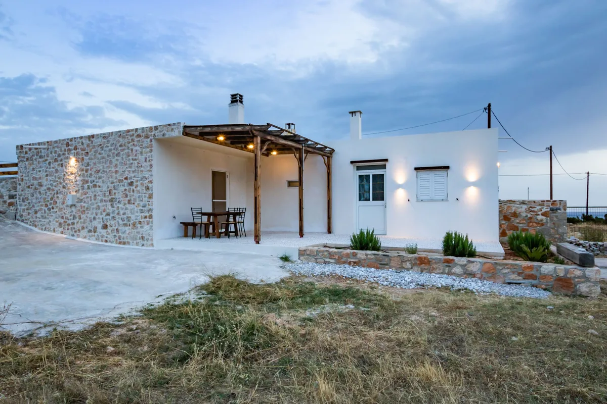Sea La Vue house in Lefkos, Karpathos at dusk